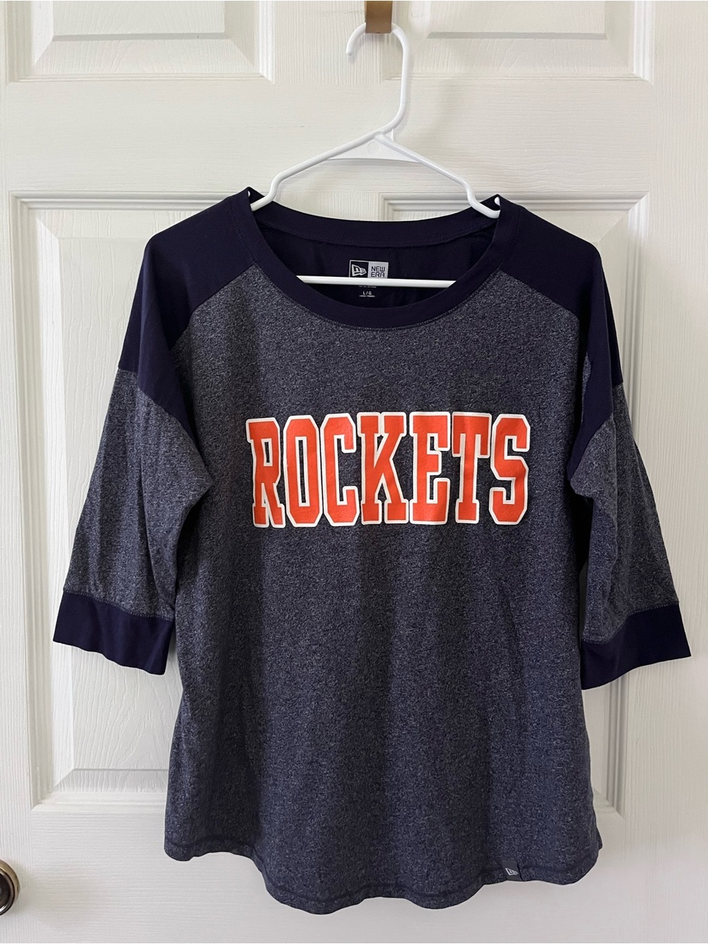 New Era Navy and Heather Gray Rockets Raglan Tee with Orange Lettering